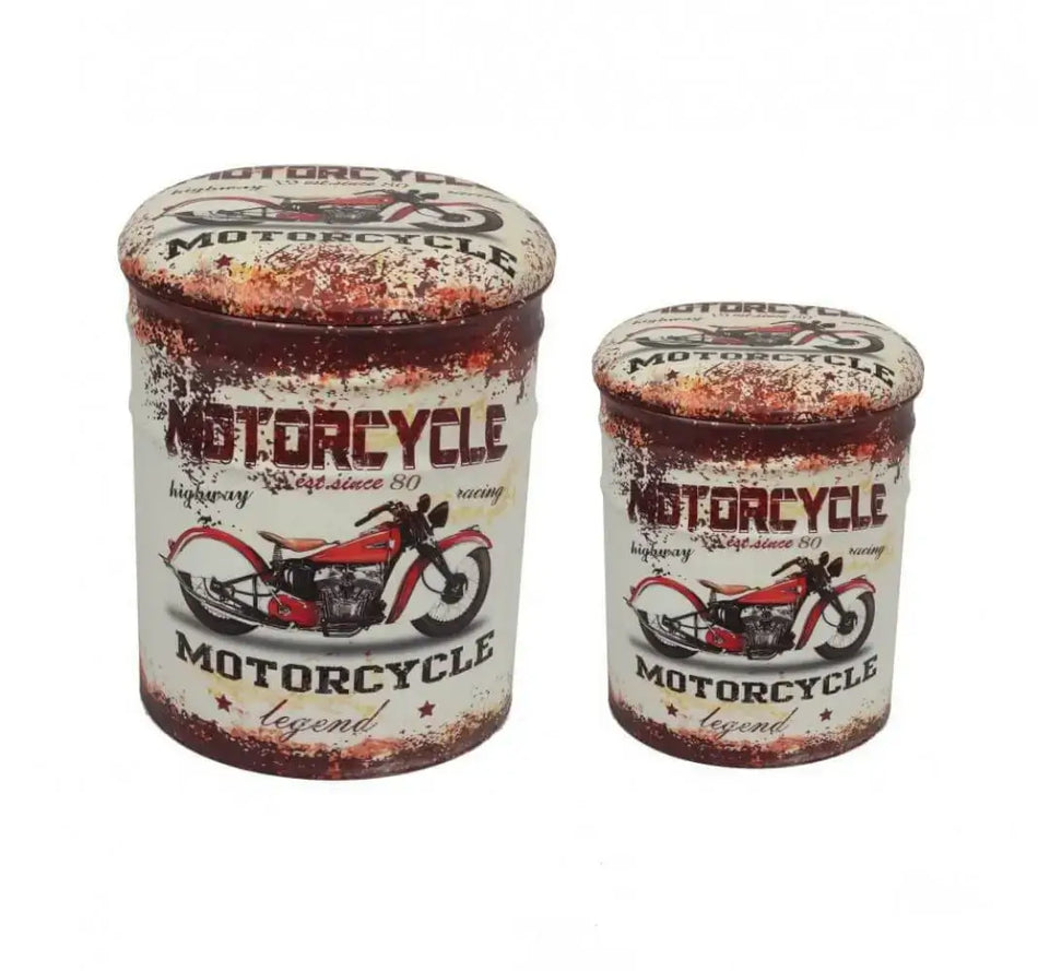 Set di 2 Pouf Contenitore Stampa Moto Retrò Grigio Chiaro e Ruggine