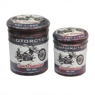 Set di 2 Pouf Contenitore Stampa Moto Retrò Grigio Scuro e Ruggine
