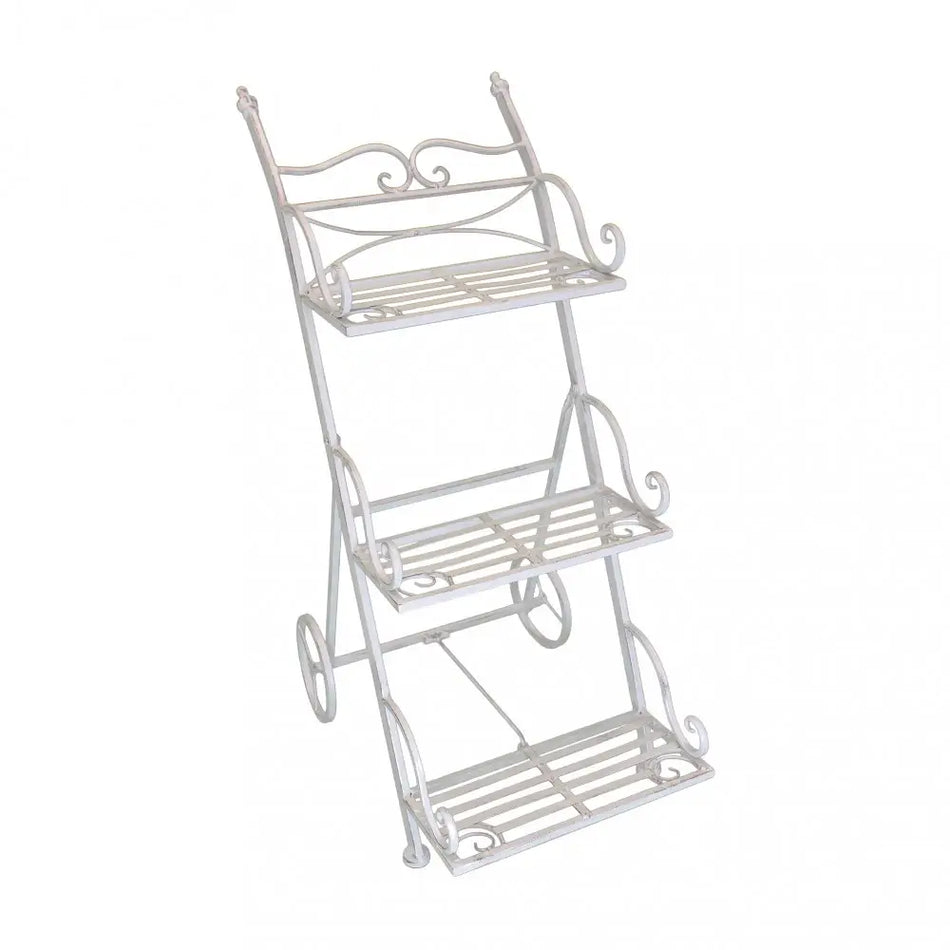 Etagère Scaffale Da Terra Stile Provenzale Ferro Bianco Intagliato 3 Ripiani Bianco Opaco