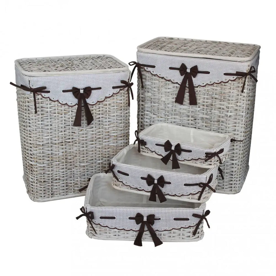 Set di 5 Cesti Porta Biancheria Rattan e Tessuto Avorio