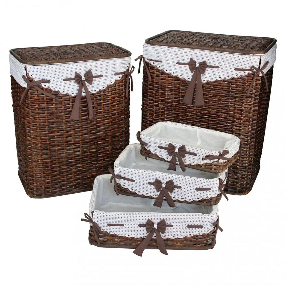 Set di 5 Cesti Porta Biancheria Rattan e Tessuto
