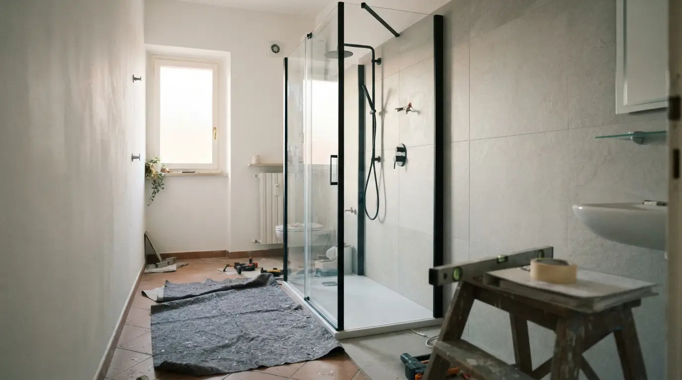 Bagno in ristrutturazione con nuovo box doccia in cristallo e piatto doccia bianco, lavori quasi conclusi