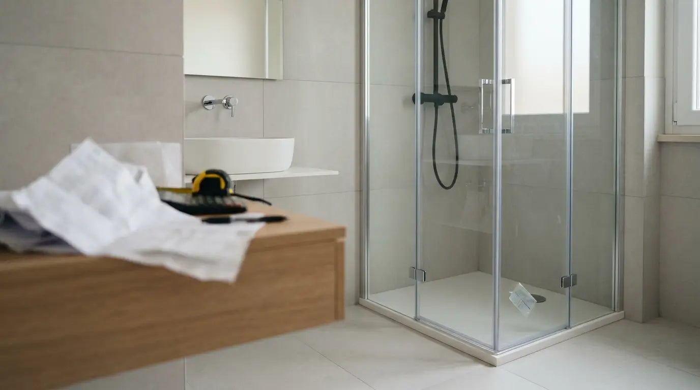 Box doccia angolare in cristallo appena installato in un bagno ristrutturato, con preventivo e calcolatrice sul mobile lavabo