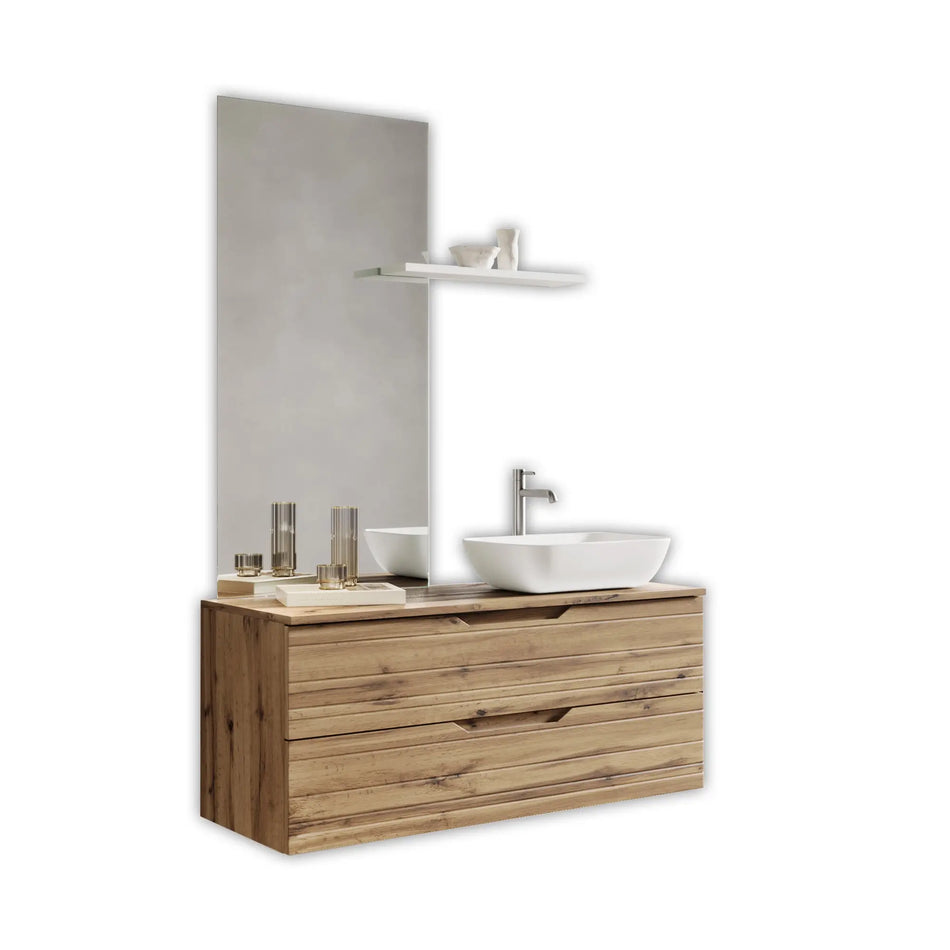 Composizione Bagno Sospesa 120cm Lavabo Da Appoggio - Solmira Quercia