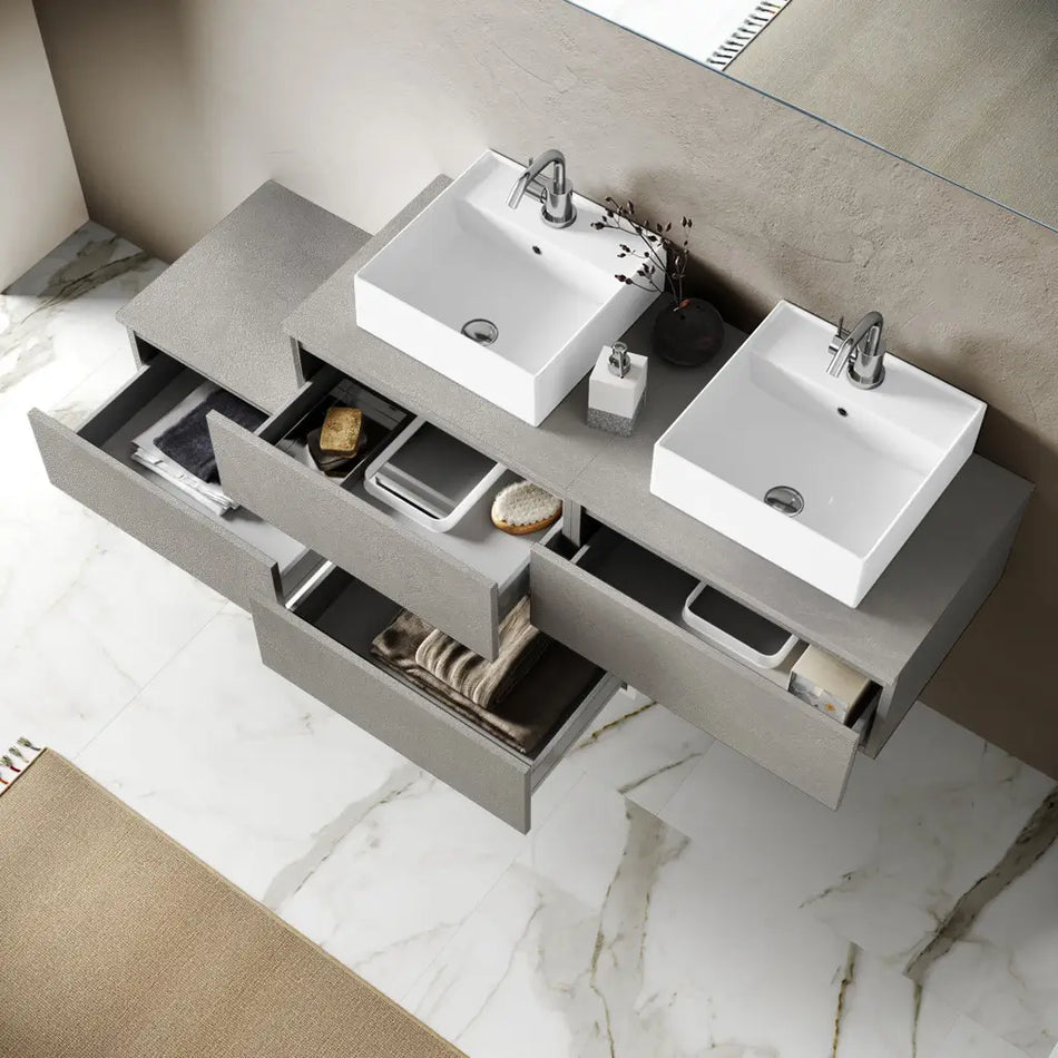 Composizione Bagno 160cm Con Doppio Lavabo, Cassetti E Specchio Con Lampada