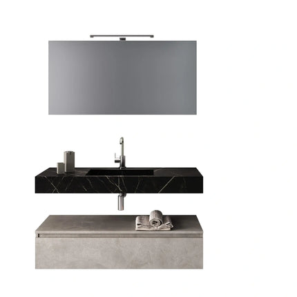 Composizione Bagno 90cm Con Vasca Integrata Cassetto E Specchio Top Effetto Corten + Base Bianco Effetto Pietra