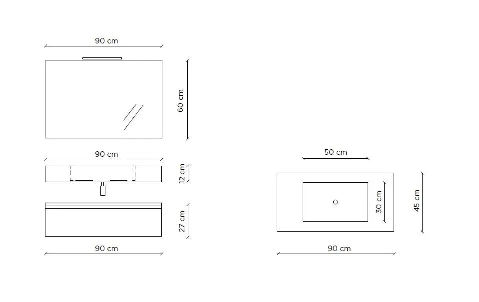 Composizione Bagno 90cm Con Vasca Integrata Cassetto E Specchio
