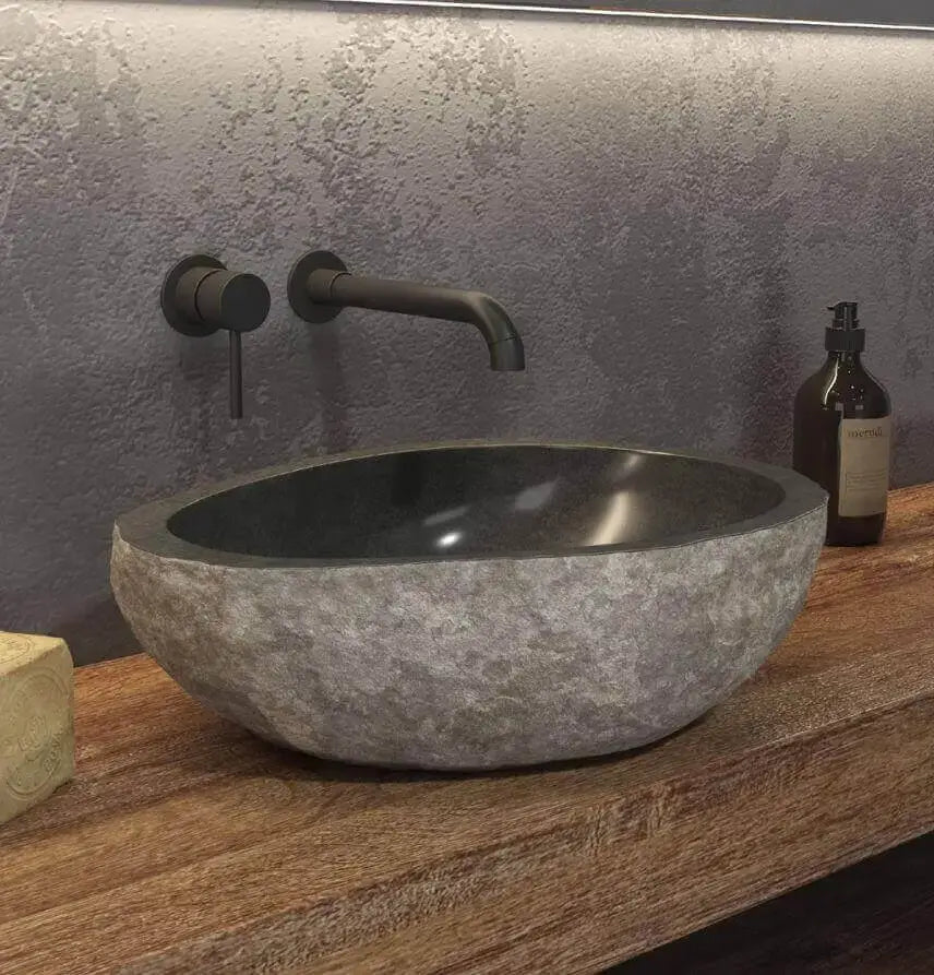 Lavabo Da Appoggio In Pietra Di Fiume Naturale Grigio - Shopbagno.it