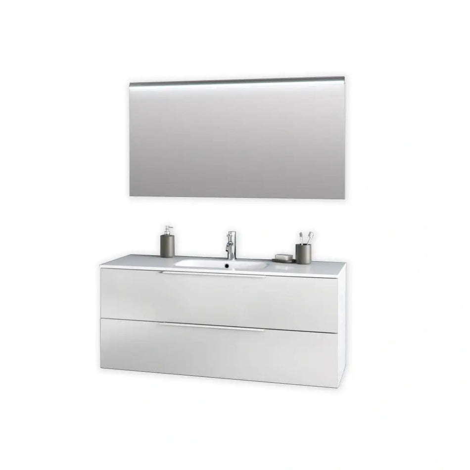 Mobile Bagno 120cm Sospeso Due Cassetti E Specchio Bianco Opaco