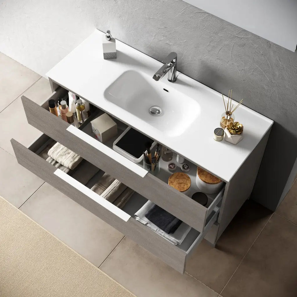Composizione Mobile Bagno 100cm Sospeso Con Due Cassetti E Specchio Con Lampada