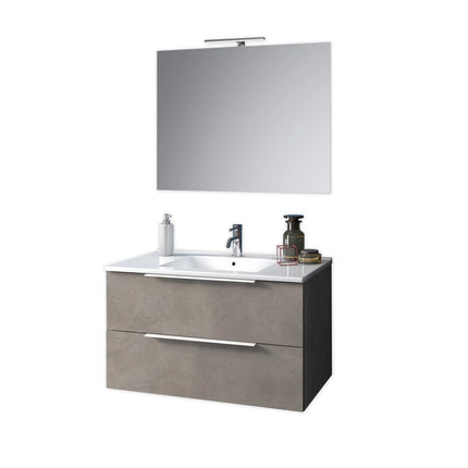 Composizione Mobile Bagno 100cm Sospeso Con Due Cassetti E Specchio Con Lampada