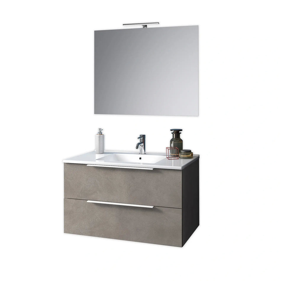 Composizione Mobile Bagno 100cm Sospeso Con Due Cassetti E Specchio Con Lampada
