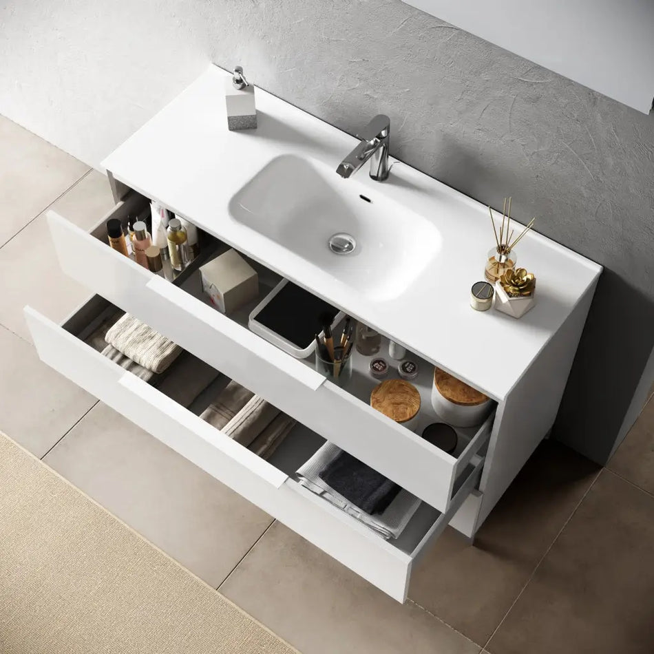 Composizione Mobile Bagno 100cm Sospeso Con Due Cassetti E Specchio Con Lampada