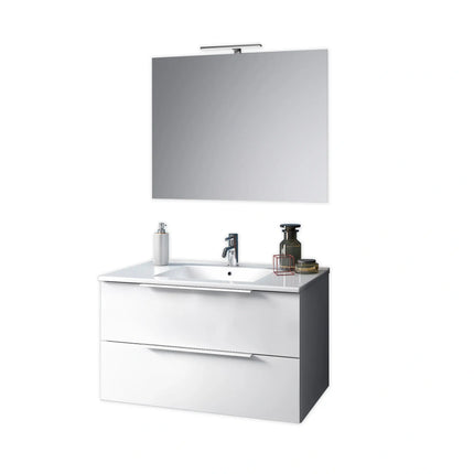 Composizione Mobile Bagno 100cm Sospeso Con Due Cassetti E Specchio Con Lampada