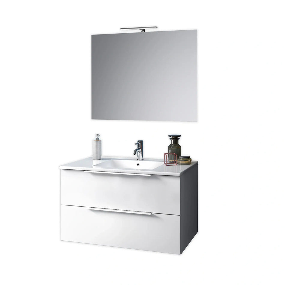 Composizione Mobile Bagno 100cm Sospeso Con Due Cassetti E Specchio Con Lampada