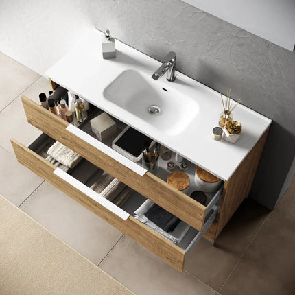 Composizione Mobile Bagno 100cm Sospeso Con Due Cassetti E Specchio Con Lampada