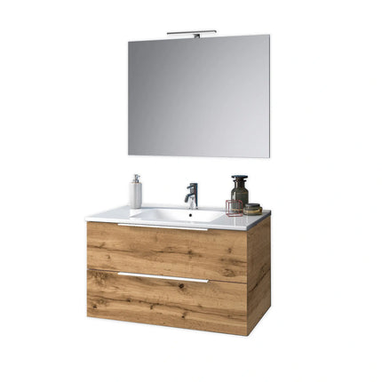 Composizione Mobile Bagno 100cm Sospeso Con Due Cassetti E Specchio Con Lampada