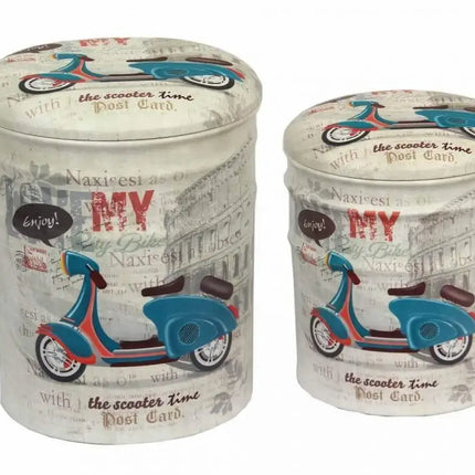 Set di 2 Pouf Contenitore Stampa Moto Retrò