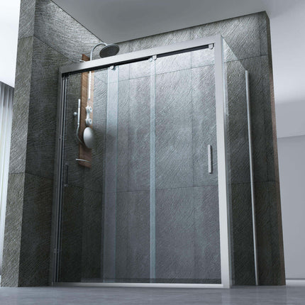 Box doccia angolare 3 ante scorrevoli cristallo 8mm H195 ambientato in bagno con pietra grigia e finestra