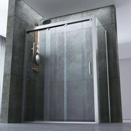 Box doccia angolare a 3 ante scorrevoli e lato fisso cristallo 8mm trasparente H195, profili cromati bagno pietra