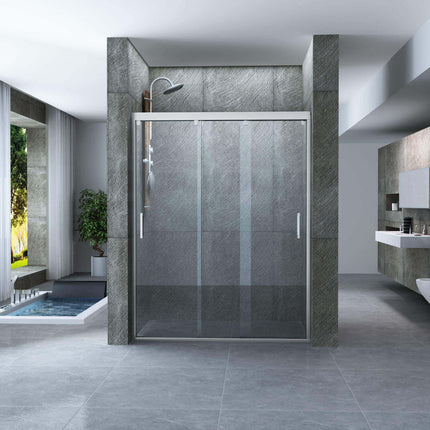 Box doccia angolare 3 ante scorrevoli cristallo 8mm H195 ambientato in bagno moderno con finestre e lavabo