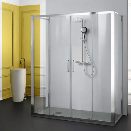 Box doccia cromato satinato doppia anta apertura centrale, cristallo 6mm frost H200 anticalcare, profili cromati