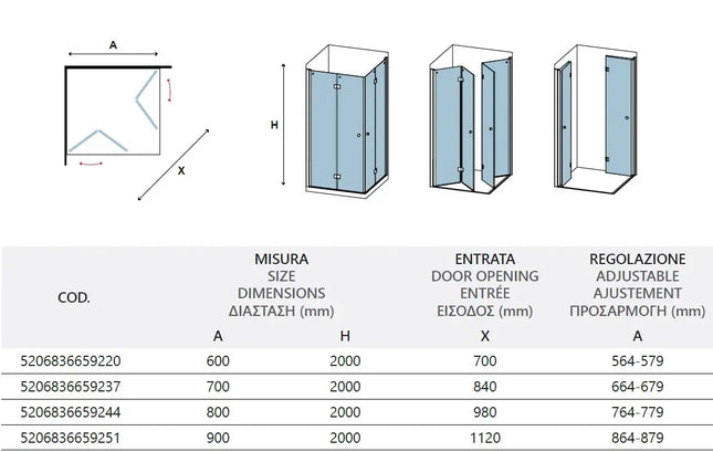 Box Doccia H200 Doppia Anta a Libro Trasparente Profili Neri 6mm Anticalcare
