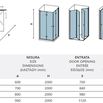 Box Doccia H200 Doppia Anta a Libro Frameless Trasparente 6mm