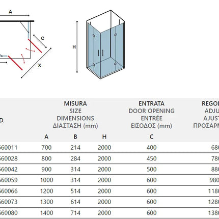 Box Doccia H200 Doppia Anta Battente 8mm Profili Oro