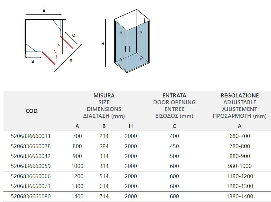 Box Doccia H200 Doppia Anta Battente 8mm Profili Oro