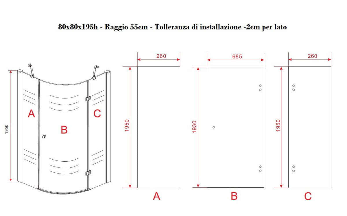 Box Doccia Semicircolare H195cm Anta Battente Cristallo 8mm