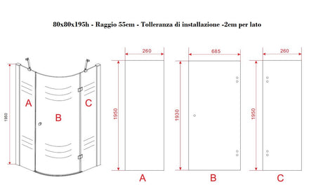 Box Doccia Semicircolare H195cm Anta Battente Cristallo 8mm