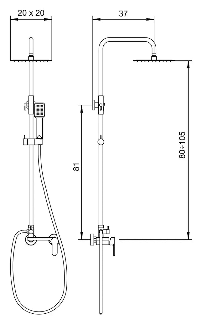 Disegno tecnico quotato della colonna doccia Dakota M3160: soffione 20x20 cm, braccio 37 cm, altezza regolabile 80-105 cm