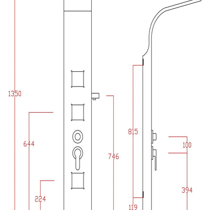Disegno tecnico della colonna doccia idromassaggio a 3 getti: 135 x 20 x 7 cm, sporgenza del soffione 46,5 cm