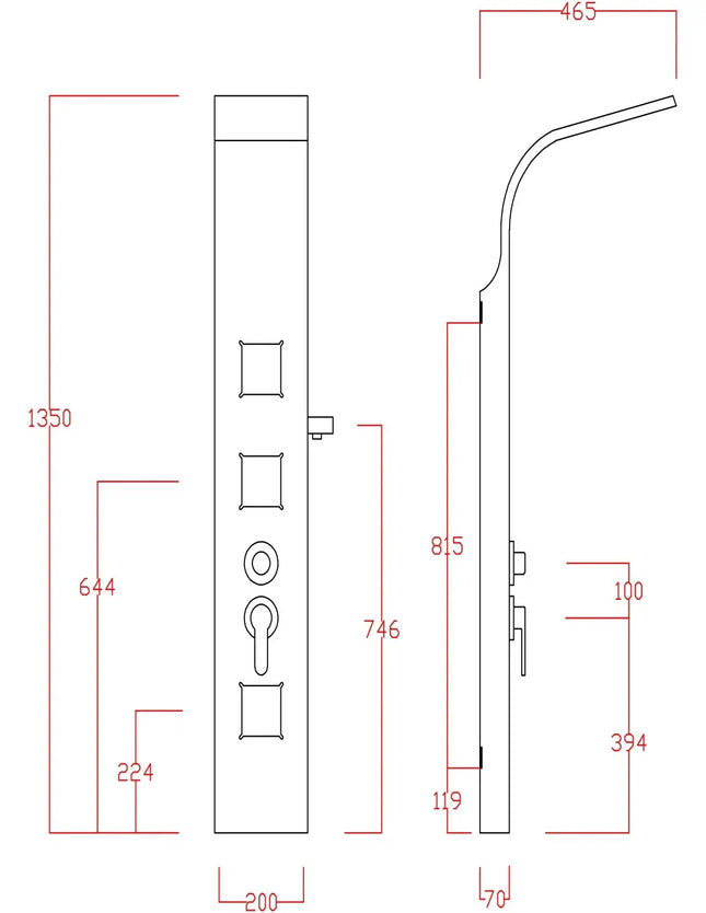 Disegno tecnico della colonna doccia idromassaggio a 3 getti: 135 x 20 x 7 cm, sporgenza del soffione 46,5 cm