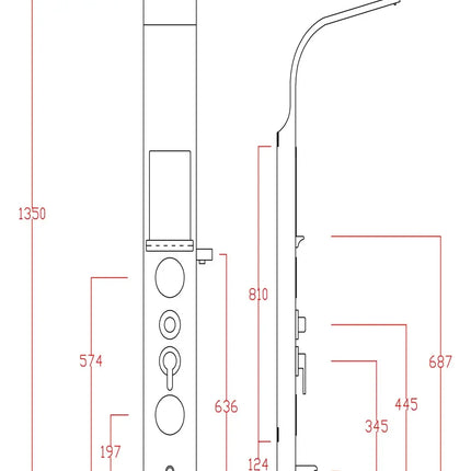 Disegno tecnico della colonna doccia idromassaggio con cascata e mensola: 135 x 20 x 7 cm, sporgenza del soffione 46,5 cm