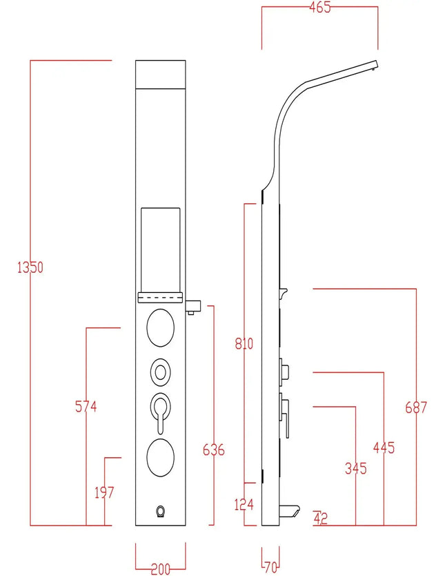 Disegno tecnico della colonna doccia idromassaggio con cascata e mensola: 135 x 20 x 7 cm, sporgenza del soffione 46,5 cm