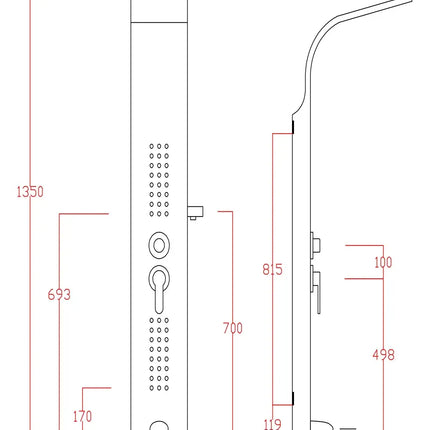 Disegno tecnico della colonna doccia idromassaggio con cascata: 135 x 20 x 7 cm, sporgenza del soffione 46,5 cm