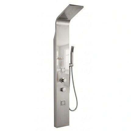 Colonna doccia idromassaggio in acciaio inox satinato H150 con soffione a pioggia, getti dorsali quadrati, deviatore e doccetta