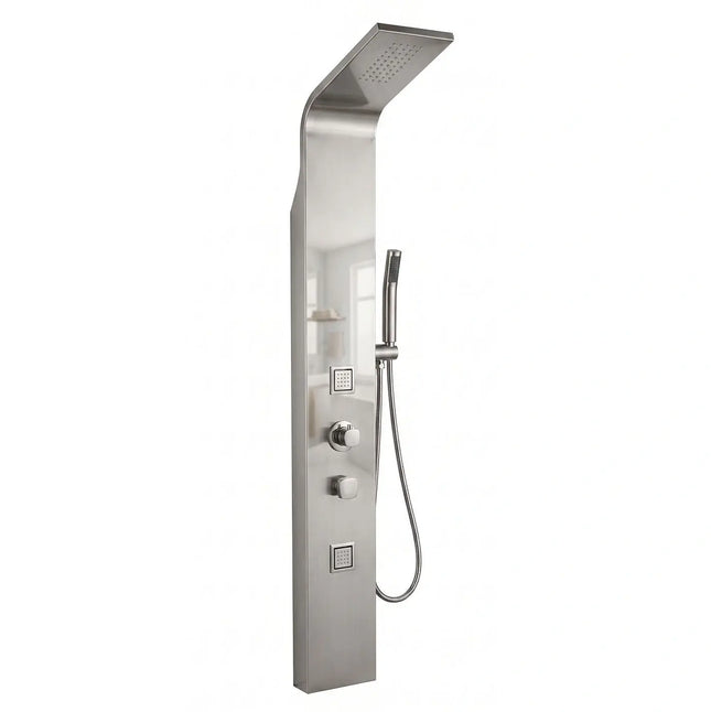 Colonna doccia idromassaggio in acciaio inox satinato H150 con soffione a pioggia, getti dorsali quadrati, deviatore e doccetta