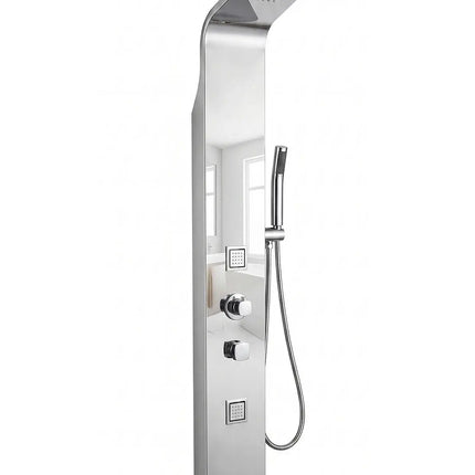 Colonna doccia idromassaggio in acciaio inox a specchio H150 con soffione a pioggia, getti dorsali quadrati, deviatore e doccetta