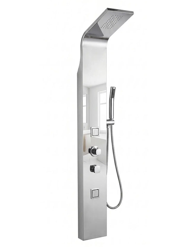 Colonna doccia idromassaggio in acciaio inox a specchio H150 con soffione a pioggia, getti dorsali quadrati, deviatore e doccetta