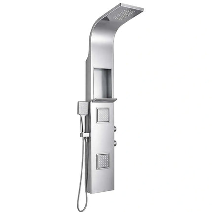 Colonna doccia idromassaggio inox lucido H135 con mensola portaoggetti, 2 getti quadrati, soffione a pioggia e doccetta