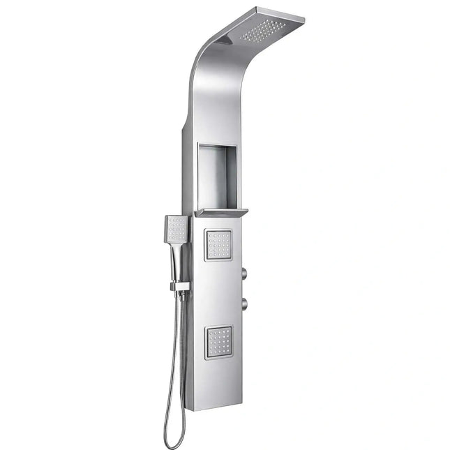 Colonna doccia idromassaggio inox lucido H135 con mensola portaoggetti, 2 getti quadrati, soffione a pioggia e doccetta