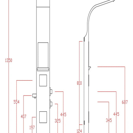 Disegno tecnico della colonna doccia idromassaggio nero opaco con mensola: 135 x 20 x 7 cm, sporgenza del soffione 46,5 cm