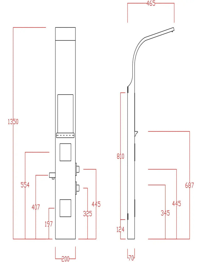 Disegno tecnico della colonna doccia idromassaggio nero opaco con mensola: 135 x 20 x 7 cm, sporgenza del soffione 46,5 cm
