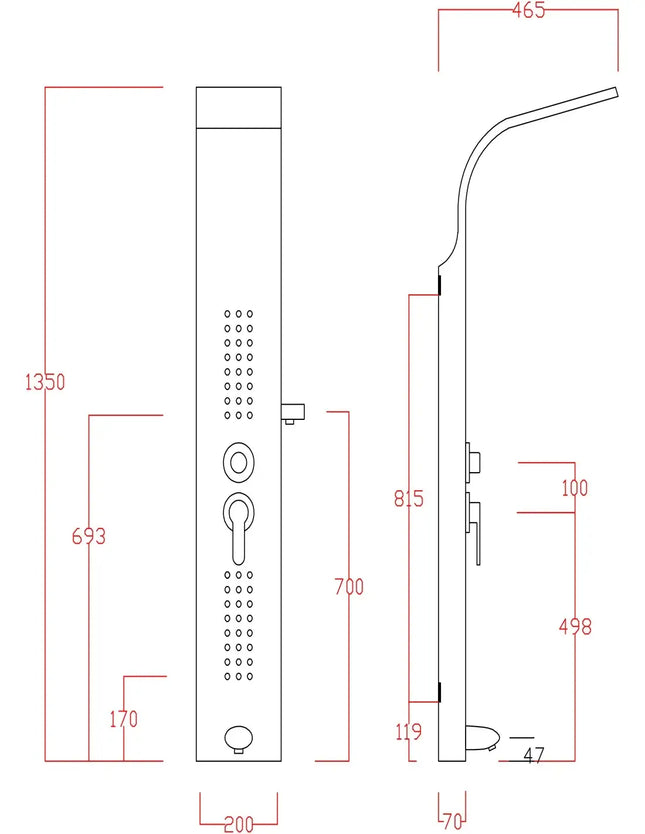 Disegno tecnico della colonna doccia idromassaggio nero opaco con cascata: 135 x 20 x 7 cm, sporgenza del soffione 46,5 cm