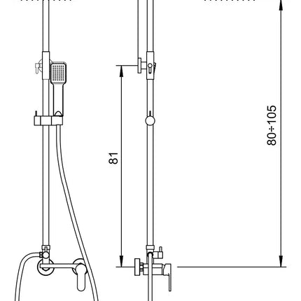 Disegno tecnico quotato della colonna doccia Dakota M3161: soffione 20x20 cm, braccio 37 cm, altezza regolabile 80-105 cm