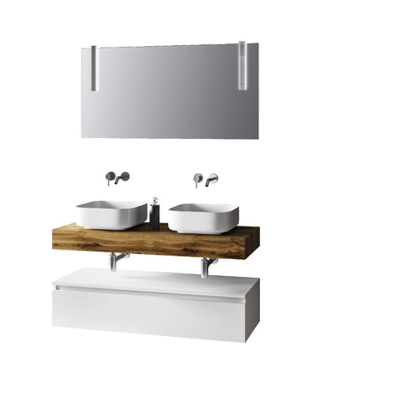 Composizione Bagno 120cm Con Doppio Lavabo, Base Con Cassetto E Specchio Con Lampada Top rovere miele + base laccata bianco opaco