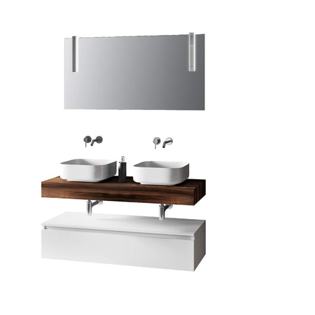Composizione Bagno 120cm Con Doppio Lavabo, Base Con Cassetto E Specchio Con Lampada Top noce + base laccata bianco opaco